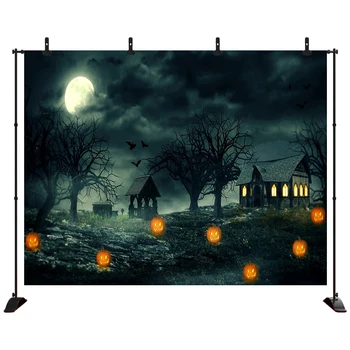 

Halloween BackdropDark clouded full moon night scary tree hut pumpkin Photography Background For Photo StudioProps