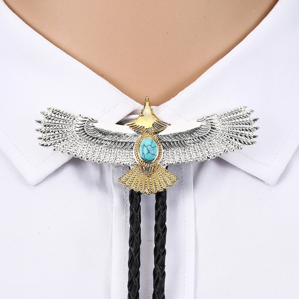 Western cowboy bolo tie silver gold eagle natural turquoise leather collar rope unisex casual clothing accessories