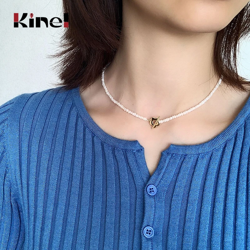 

Kinel Top Quality French Natural Pearl Necklace 18K Gold 100% 925 Sterling Silver Clavicle Chain Flower Necklaces Jewelry Gift