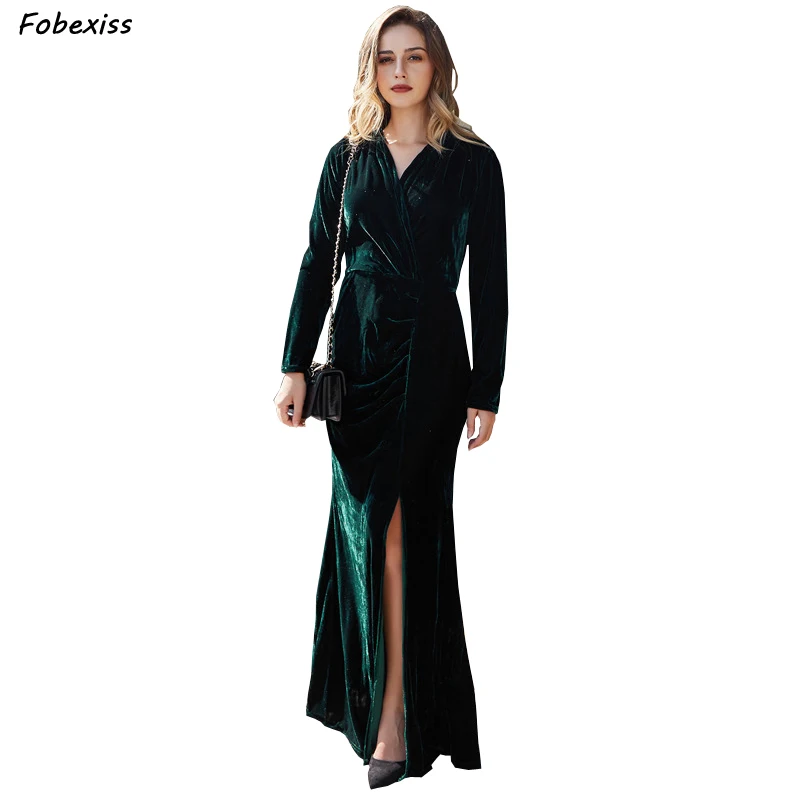 

Elegant Velvet Dress Fall Winter 2019 Long Sleeve Sexy V Neck Green Bodycon Dresses Woman Party Night Long Maxi Dress Women