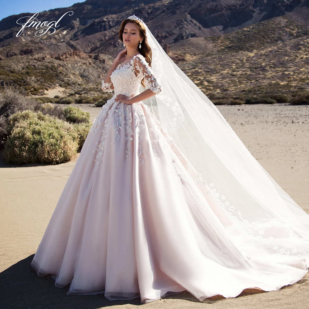 Fmogl Sexy Illusion Half Sleeve Lace Vintage Wedding Dresses 2021 Luxury Appliques Beaded Flowers Court Train A Line Bride Gown | Свадьбы и