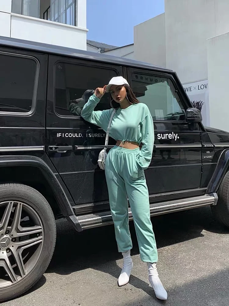 XIBANI Повседневный Спортивный костюм женский короткий открытый пупок на шнурке