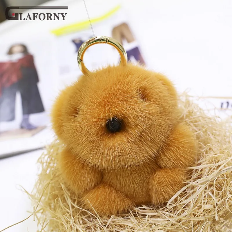 

2019 Glaforny keychain genuine imported mink hair mini bear pendant cute teddy bear bag ornament fur car key chain key ring