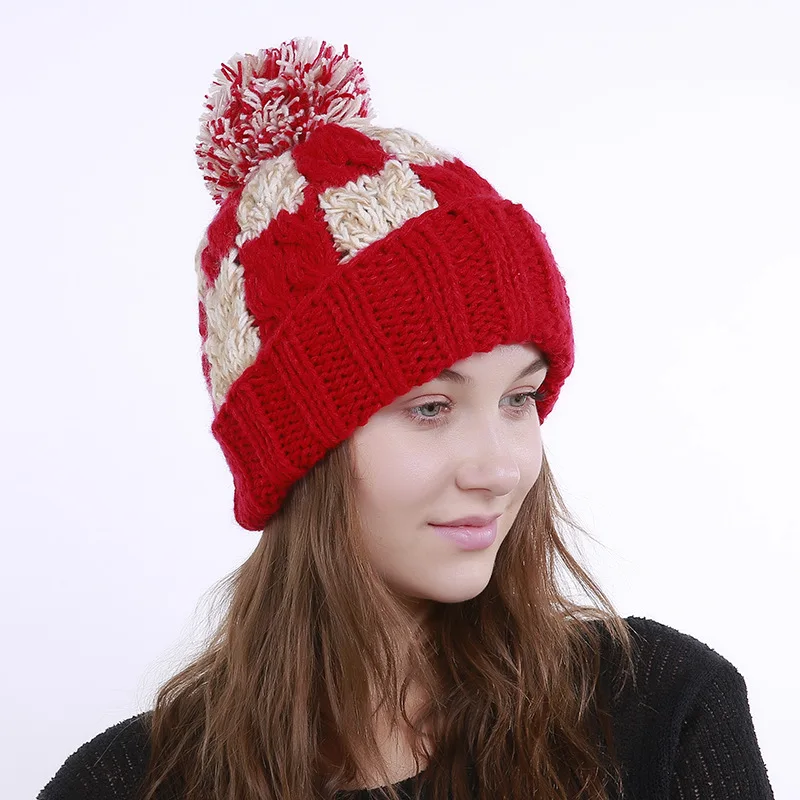 Толстые женские шапки Skullies, Зимние Женские однотонные шапки с помпоном, зимняя женская шапка, шапка для девочек, вязаные шапки, шапка