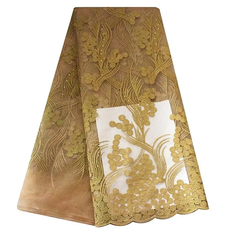 

Gold Wedding Lace fabric Embroidered Fabric Shinny Stones African-Lace-Fabric For African Weddings