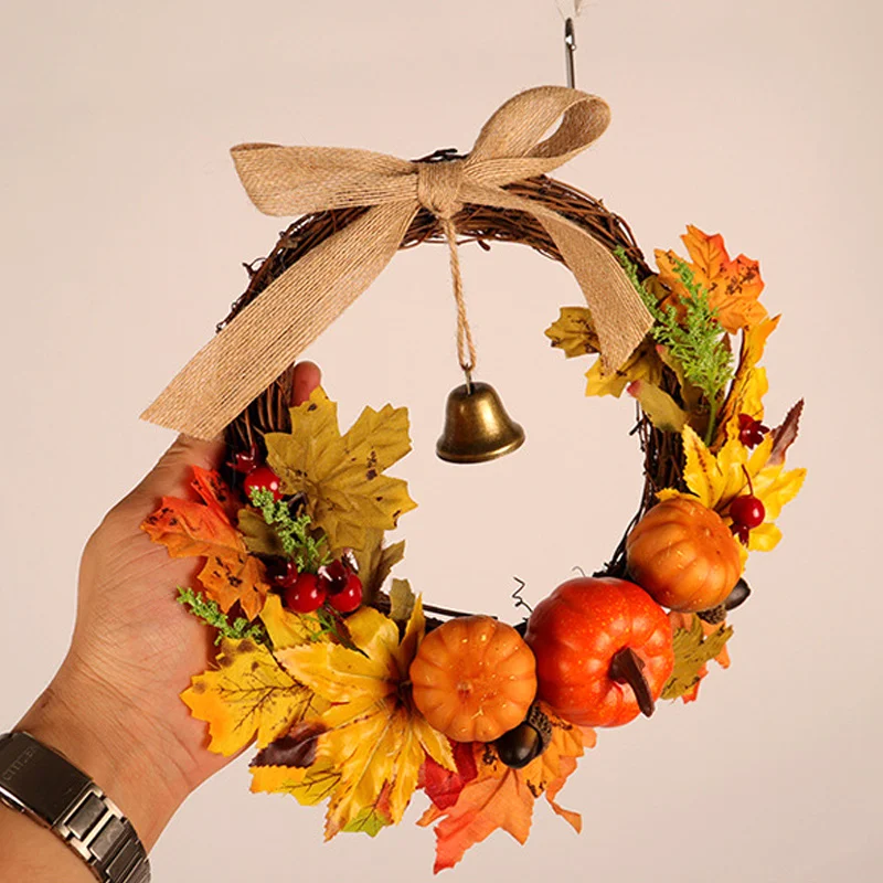 

Autumn Leaf Pumpkin Wreath with Bell Thanksgiving Halloween Front Door Home Decor HUG-Deals