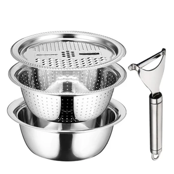 

Stainless Steel Drain Tray Grater Mixing Bowl Basin Set with Vegetable Cutter Chopper Peeler 5-Quart (Set of 4)