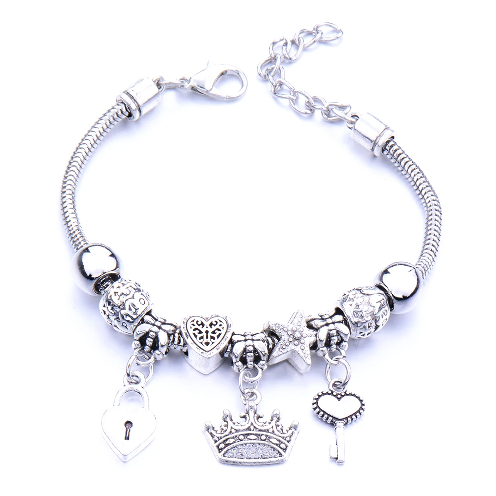 Античный браслет в форме короны с замком для ключей, 6 цветов, очаровательный браслет для женщин, фирменный браслет и браслет, сделай сам, ювелирное изделие, подарки - Окраска металла: С латунным покрытием