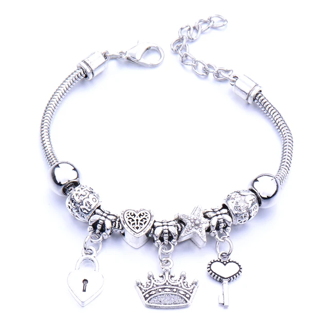 Antique Original Crown key lock Shape 6 colors Charm Bracelets For Women Glass Beads Brand Bracelet & Bangle DIY Jewelry Gifts 0012N05