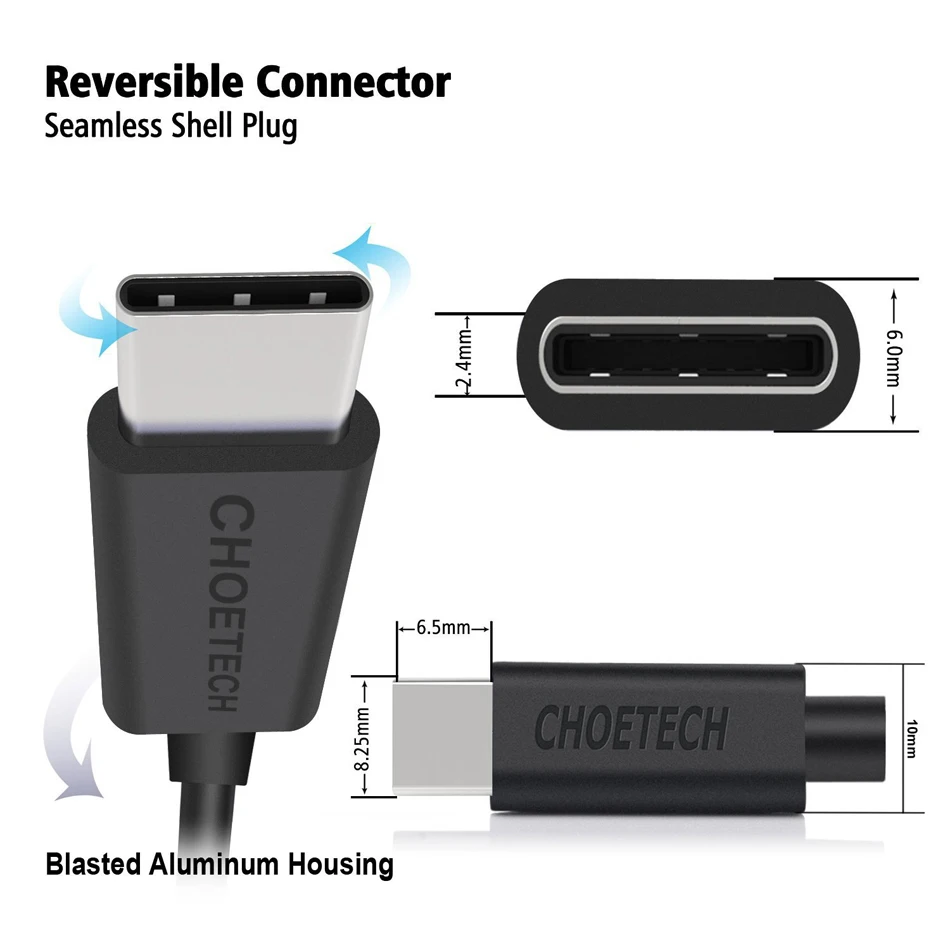 CHOETECH качество 3A Реверсивный usb type C кабель для зарядки мобильного телефона кабель для передачи данных с 56 к резистором для samsung S8 type-C устройств