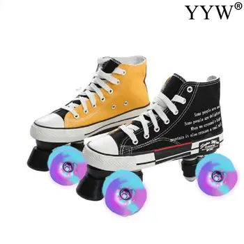 

Roller Skates Patchwork 4-Wheel Men Women Night Flashing Roller Skates Ins Hot Canvas Skates Adult Double Row Pulley Patines