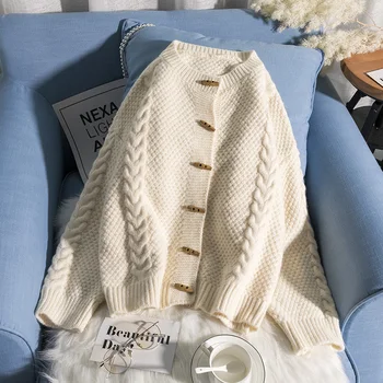 

thicken warm women sweaters and cardigan loose button solid fashion all match lady elegant outwear coat tops