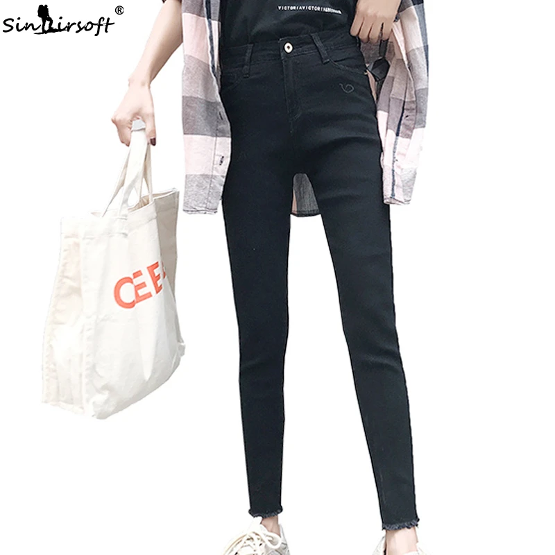 Корейский вариант тонких высокой талии джинсы Mujer женские модные трендовые дикие узкие ноги девять прямые джинсовые штаны из денима