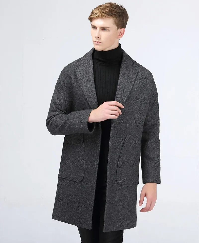 Top Quality Mens Falling Shoulder Single Button Medium Length Windbreaker Fashion Slim Wool Blends Casual Lapel Casaco Masculino