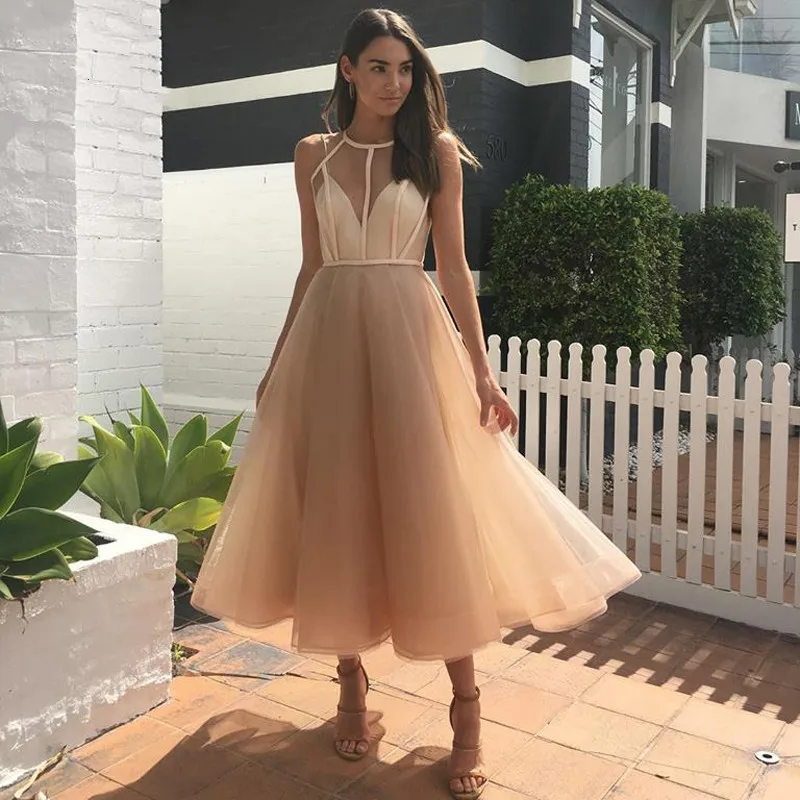 

Elegant Champagne Ankle Length Prom Gowns A line See Thru Sexy Cocktail Dresses Pretty Formal Party Dress For Graduation