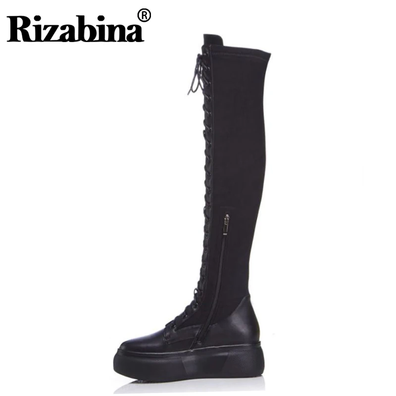 RizaBina Women Winter Over The Knee Boots Real Leather Women Shoes Lace
Up Thick Sole Thigh High Boots Women Boots Size 34-39