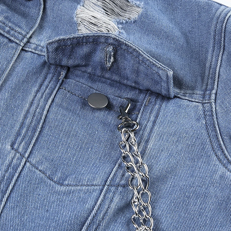 Weekeep уличная джинсовая куртка с металлической цепочкой в стиле пэчворк Женская свободная куртка с длинным рукавом и отложным воротником и карманами
