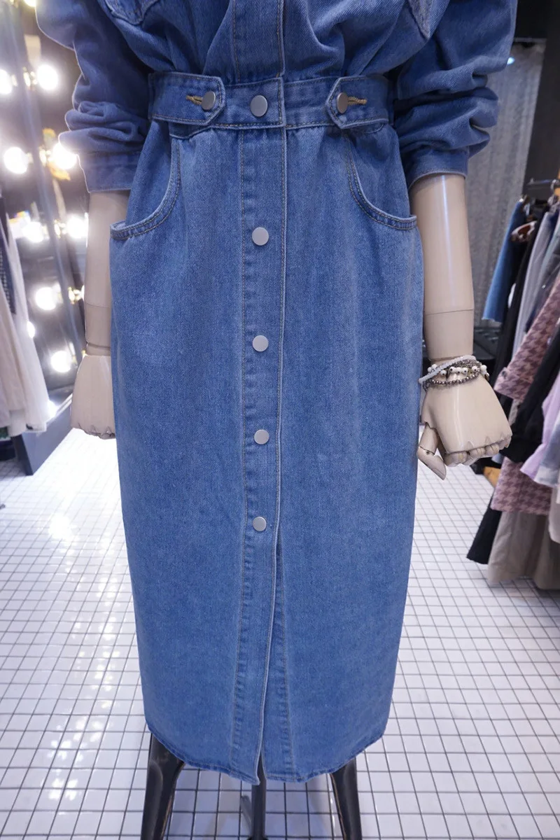 Primavera e Outono Fina sobre o Joelho Coreano Nova Divisão Camisa Jeans Vestido Feminino Cintura Apertada Midi 2021 10 2021 primavera e outono coreano nova divisão