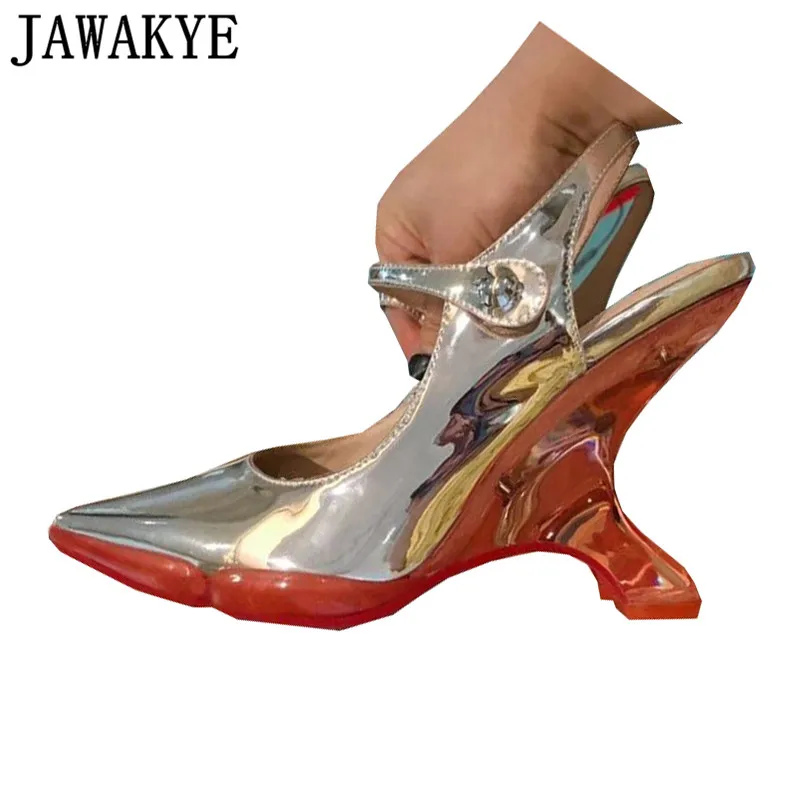 

silver summer sandals Strange High heels Pointed toe Pumps transparent clear Wedge heel real leather Party Shoes