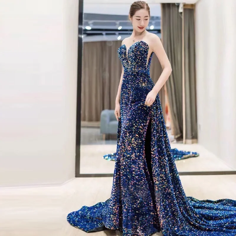 Preise Vintage Abendkleider Lange Robe de Soiree Abendkleider 2019 Sexy High Split Backless Pailletten Prom Kleid EINE Linie Abendkleider