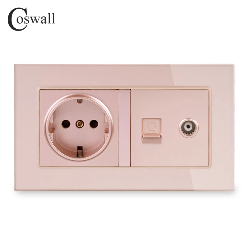 COSWALL настенная розетка стандарта ЕС+ женский ТВ разъем с Интернет компьютерными данными RJ45 CAT5E Разъем закаленное стекло панель - Тип: gold