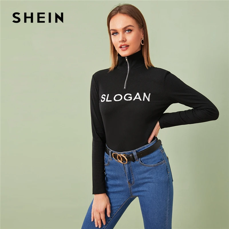 SHEIN x Madelaine трикотажная футболка на молнии спереди в рубчик с буквенным принтом, женские топы, осенняя одежда для активного отдыха, футболки