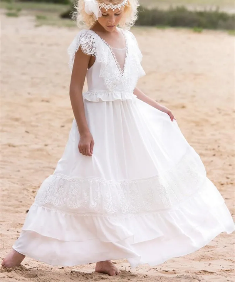 

Sheer V Neck Boho Flower Girl Dresses for Beach Wedding Spring Country Girl Dress
