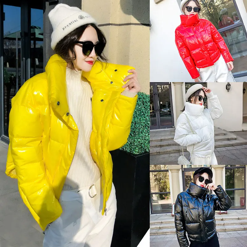 

2019 Glossy Winter Down Cotton Padded Jacket For Women Thick Bright Black Short Shiny Jacket Yellow Red Cotton Parkas CottonCoat