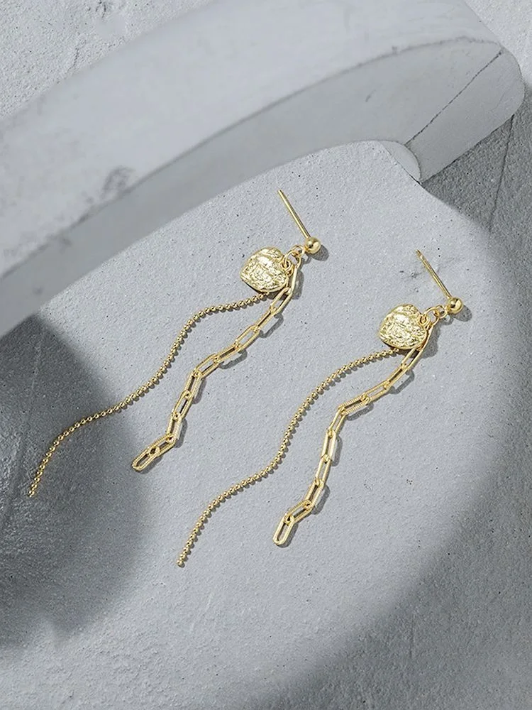 

Tassel Heart Cc Earrings 925 Sterling Silver Drop Earring For Women Gold Elegant Design Female Valentine's Day Gift Jewelry
