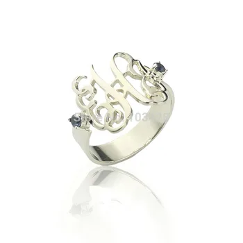 

AILIN Sterling Silver Monogram Rings For Women Personal 3 Initials Ring Monogrammed With 2 Birthstone In Each Side Rings