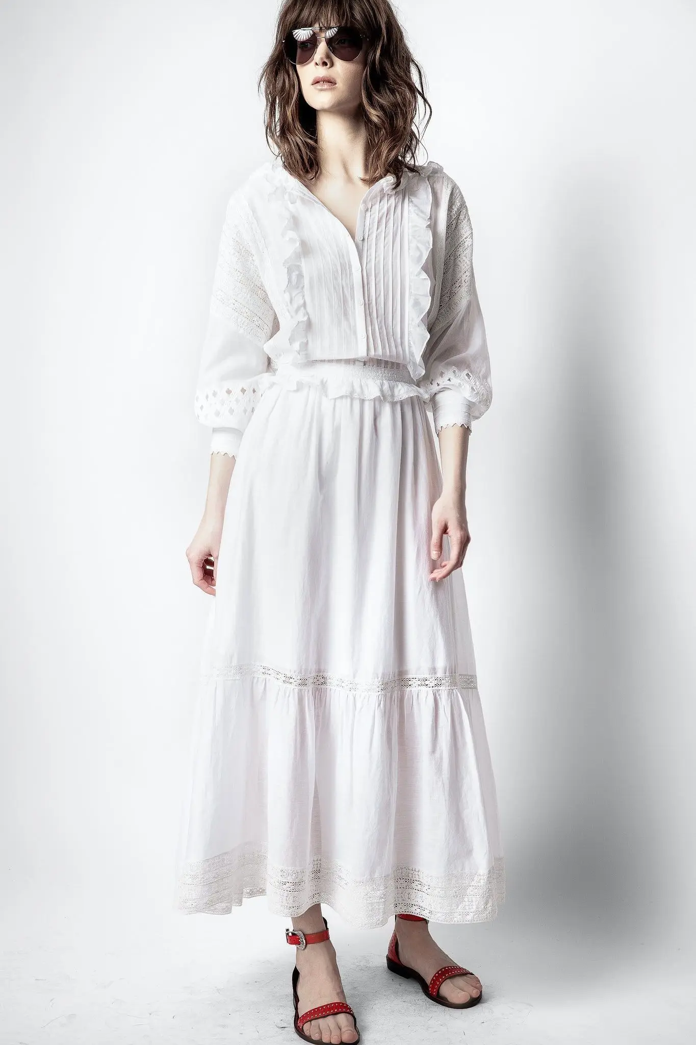 価格 表 21夏の女性ホワイトロングドレスフリルネックvカットロングパフ袖弾性ウエストファッションロングドレス 専門 店 Www Adkhighpeaks Com