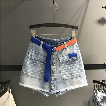 

European New 2020 Spring Summer Women's Fake Two Piece Jeans Shorts Skirts Double Pockets Female Girls High Waist Denim Skirts