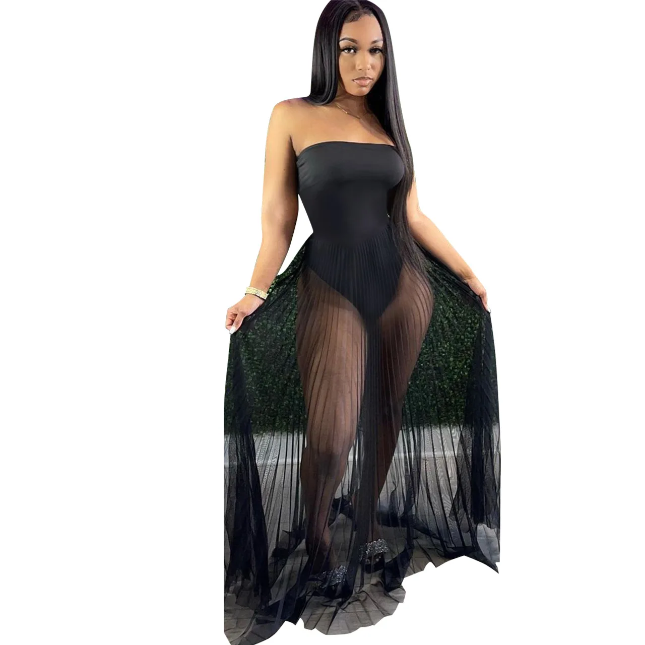 Cover Up Swimsuit Women Dress Bathing Suit Pleated Mesh Patchwork Bodysuit Summer New Solid Beach Sexy Swimwear Cover Up Vestido bikini cover up dress Cover-Ups