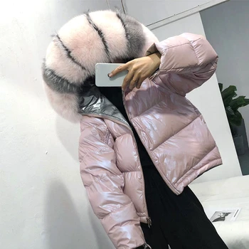 

Women Thick Warm Short Down Jackets Two-sided Clothes White Duck Down Coats Female Winter Silver Powder Bright Color Loose Coat