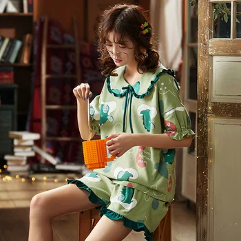 

Women Summer Print Pajamas Set Cute Cartoon Bow Sleepwear Plus Size Casual Loose Japanese Korean Pyjama Outerwear Homewear S587