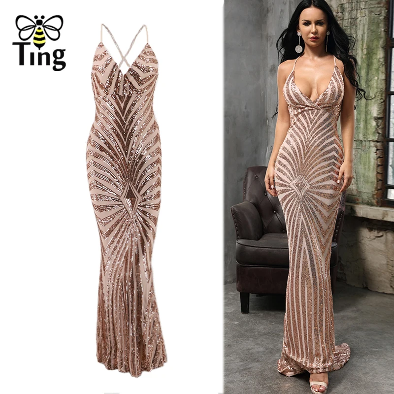 Tingfly Sexy V neck Sequines Long Floor Length Party Dresses Open Back Backless Cross Strap Long Luxury Sequined Glitter Dress
