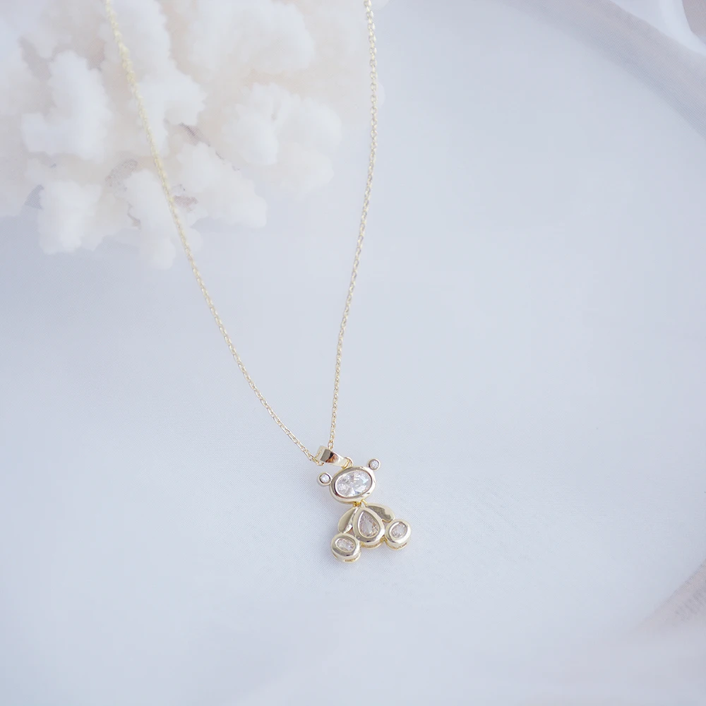 2020 New Design Exquisite Movable Bear Women Necklace 14k Real Gold Elegant Zircon Necklace Birthday Gift Jewelry Brincos