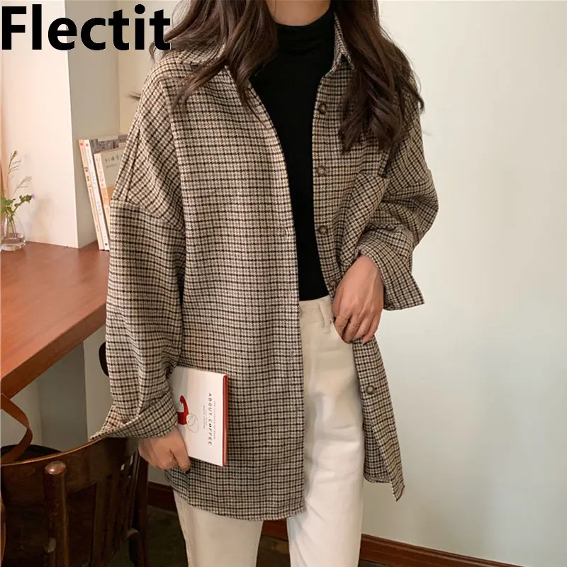 

Flectit Flannel Oversized Shirt Long Sleeve Collared Boyfriend Houndstooth Blouse Fall Winter Women's Blouses & Shirts *