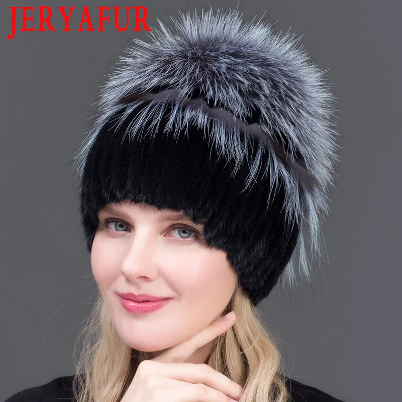 BLACK JERYAFUR женская меховая шапка зимняя из натуральной норки меховые шапочки с серебряным лисьим мехом помпоны Топ шапочки горячая Распродажа Россия меховая шапка - Цвет: BLACK