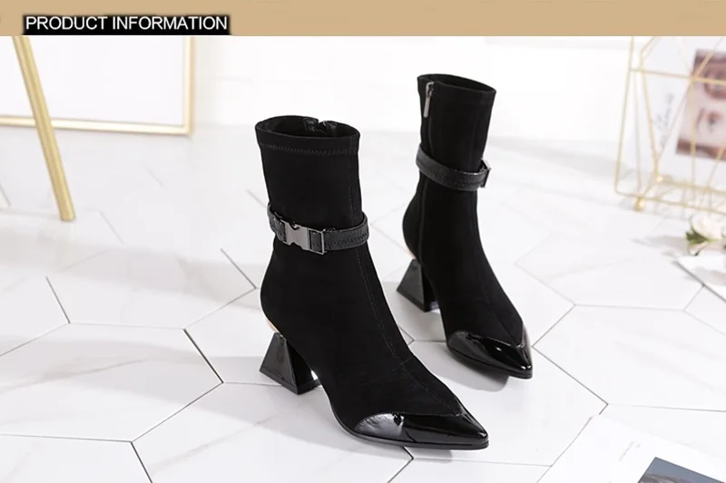 Необычный стиль; Брендовые женские носки до лодыжки на высоком каблуке; кожаные ботильоны для женщин с острым носком; Осенняя обувь; модные черные туфли-лодочки