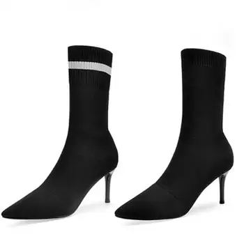 

Sexy Fashion Black Boots Women Heel Spring Autumn Soft Platform Shoes knit upper Woman Party Ankle Boots High Heels thin heels