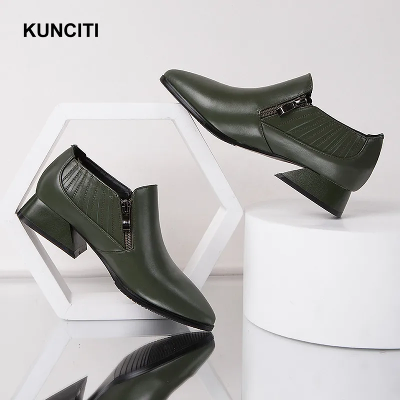 KUNCITI Women's Basic Pumps Pointed Toe Ladies Casual Shoes Retro Vintage Western Comfortable Pumps Zipper Up Med Heels Newest
