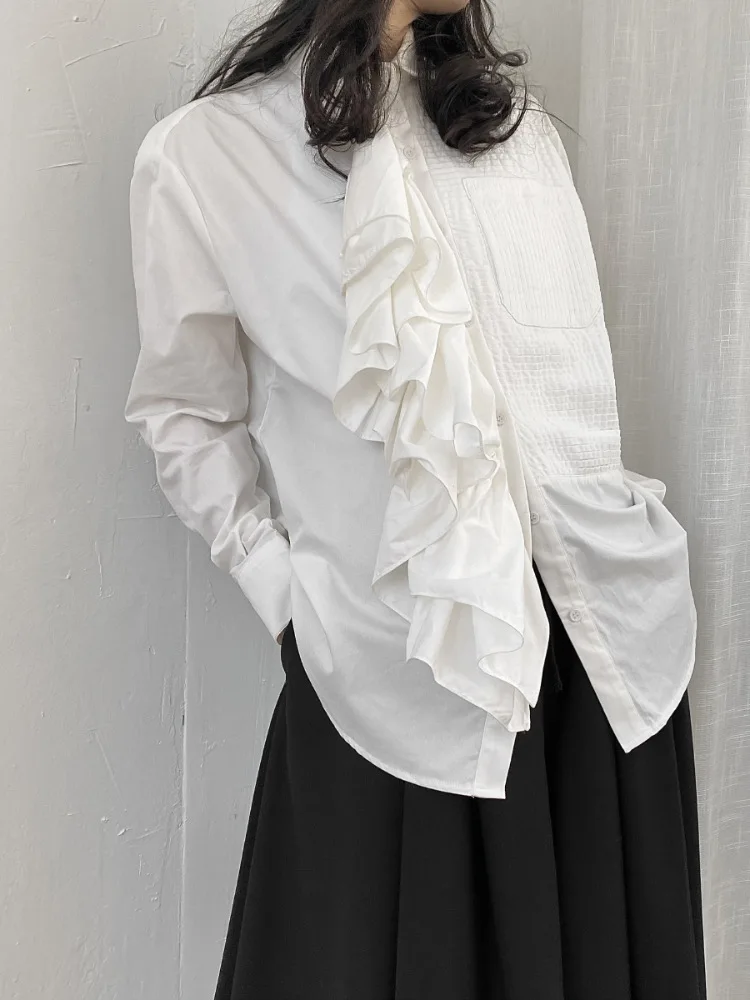 Женская Асимметричная рубашка с длинным рукавом, свободная рубашка с длинным рукавом, с воланами, весна-осень