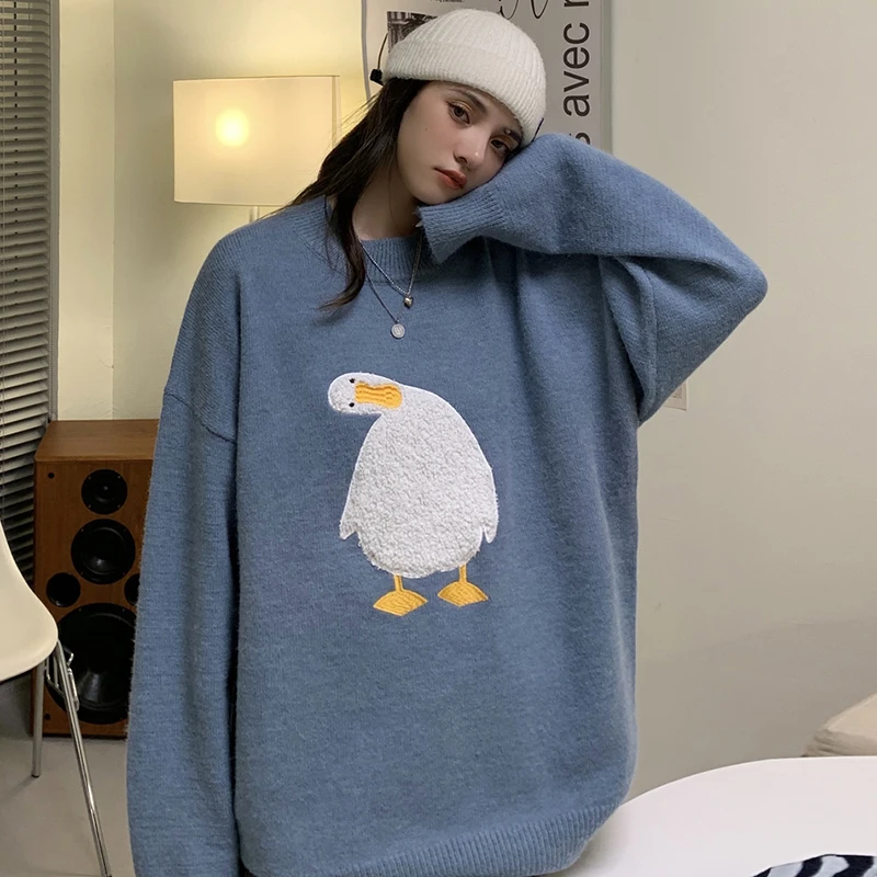 

2021 autumn and winter couple cartoon flocking sweater round neck pullover sweater men