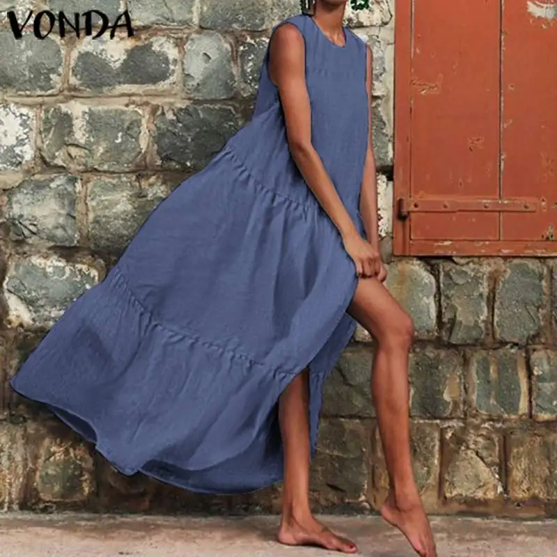 Bohemian Maxi Long Dresses 2021 VONDA Women'Dress Vintage Solid Beach