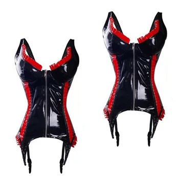 

Sexy Black Red Ruffles PVC Latex Corset Panty Thong Set New