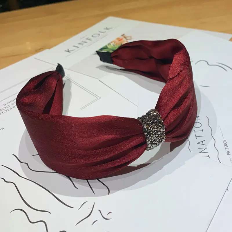 Korean women's new hair accessories Korea solid color rhinestones wide-brimmed light headband headband - Color: Red