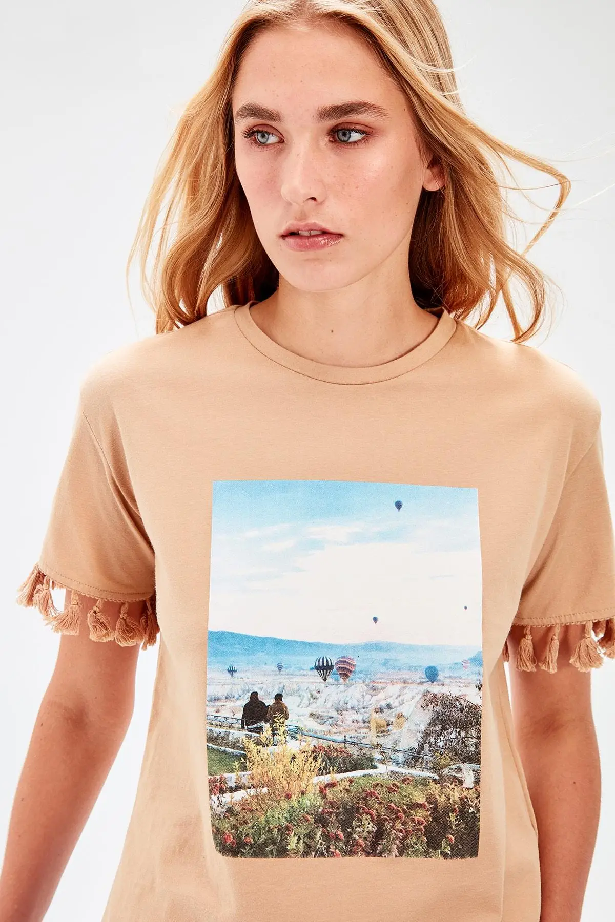 Trendyol Camel принтованная Базовая Трикотажная футболка TWOAW20TS0100|Футболки| |