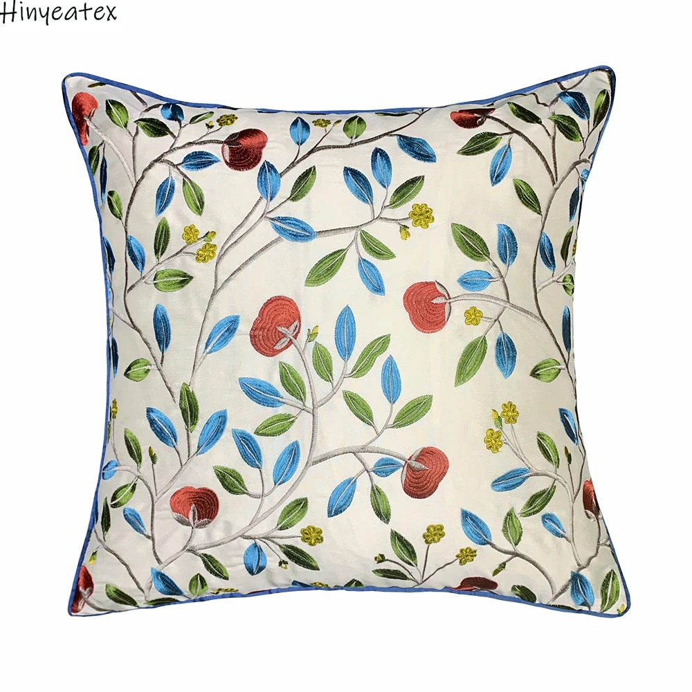 Modern Luxurious Silklike Embroidery Cushion Cover Blue Apple Flowers