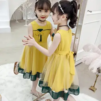 

Girl Summer Princess Dress 2020 New Casual O-neck Sleeveless Cute Bow Lace Hem Dresses For 4-14T Girls High Quality